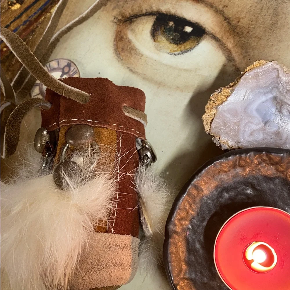Raw Amethyst Stone & Suede & Fur Medicine Pouch